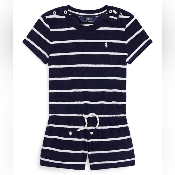 Polo Ralph Lauren Kids Girl Stripe Short Sleeve Romper Playsuit Size 7 Navy - Picture 1 of 7